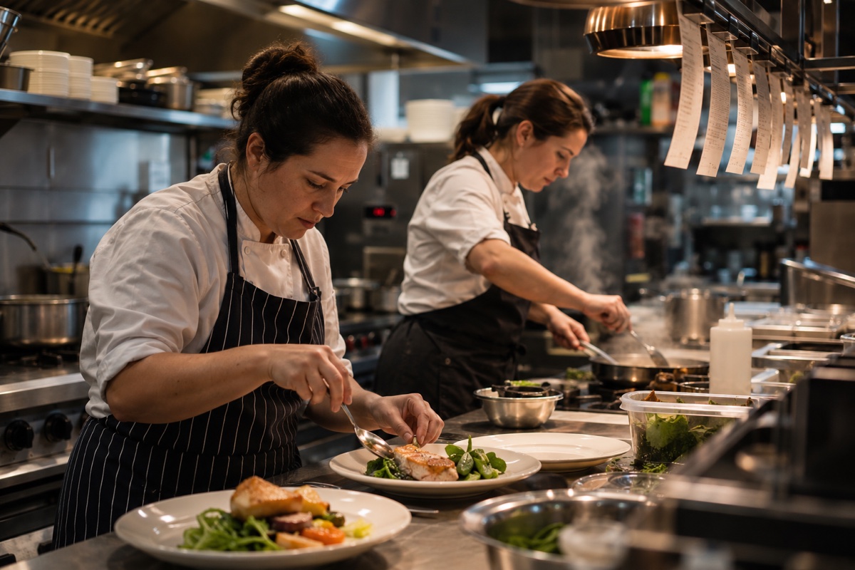 A busy commercial kitchen during service