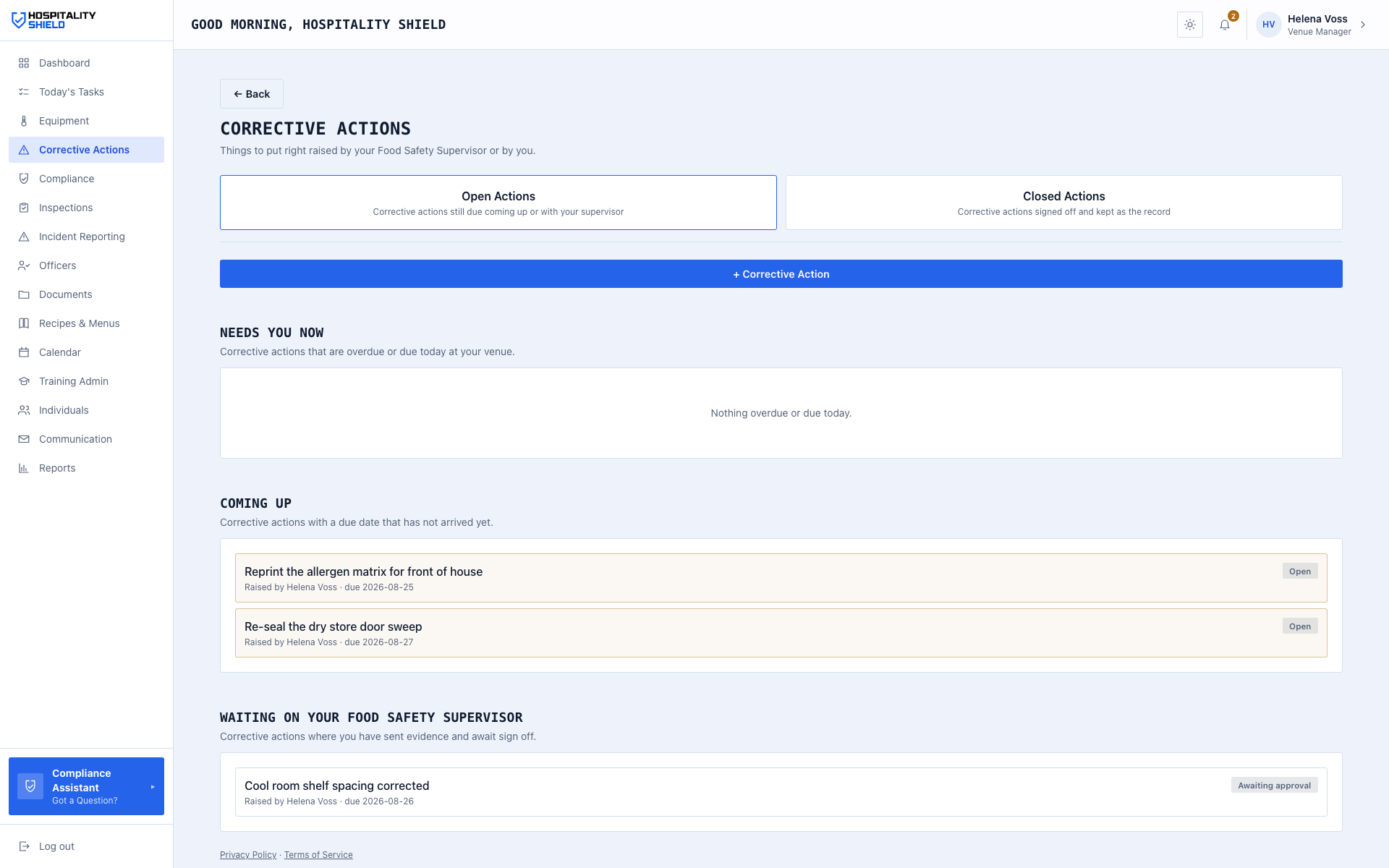 The corrective actions screen