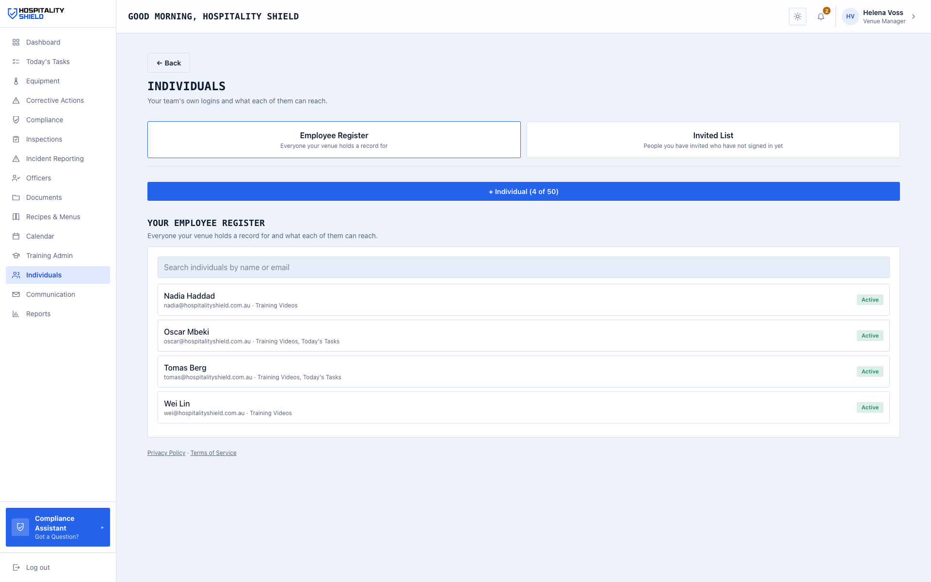 The staff accounts screen
