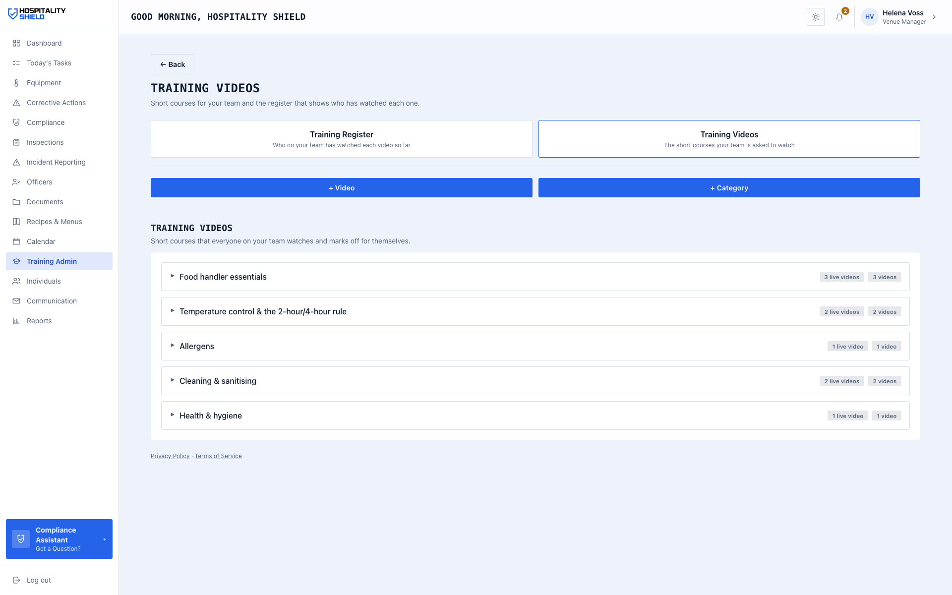 The training admin screen, showing the register