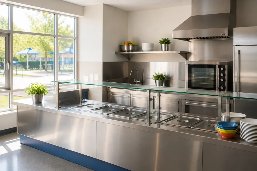 A school canteen servery with a glass sneeze guard, bain marie wells and stacked coloured bowls beside a window to the playground