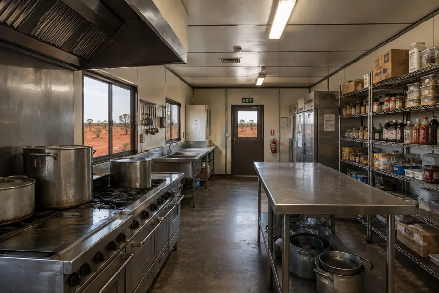 A remote camp kitchen with stockpots on a gas range, a stainless bench and shelves of dry stores, red dirt through the windows
