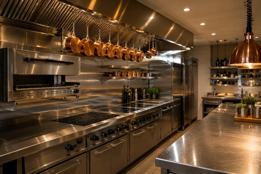 A restaurant kitchen line with induction cooktops, a salamander grill and copper pans hanging over the pass