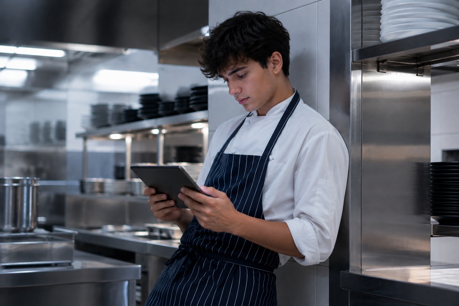 A kitchen staff member watching training on a tablet
